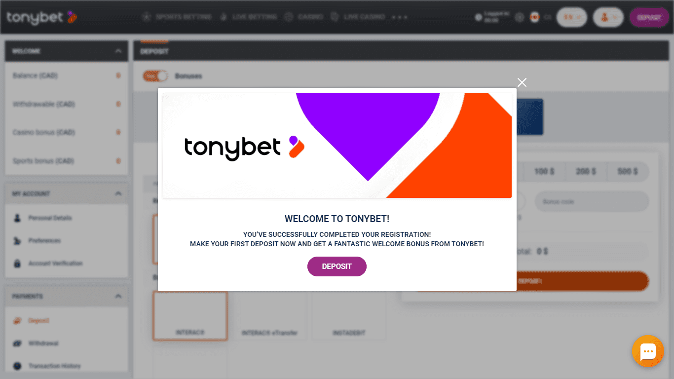 TonyBet account