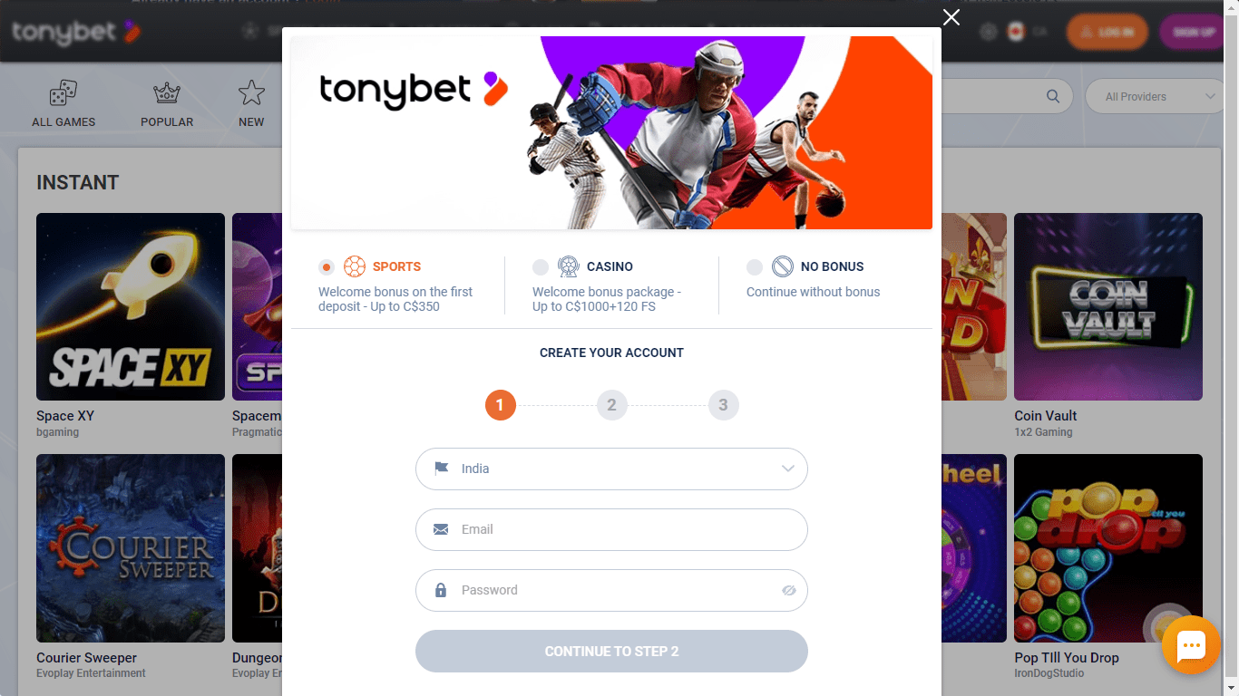 TonyBet login